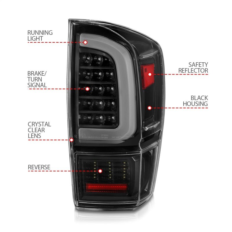 ANZO [16 - 20 Tacoma] LED Tail Lights w/ Light Bar Sequential Black Housing & Clear Lens | 311400 - JDMuscleTail Lightsanz311400