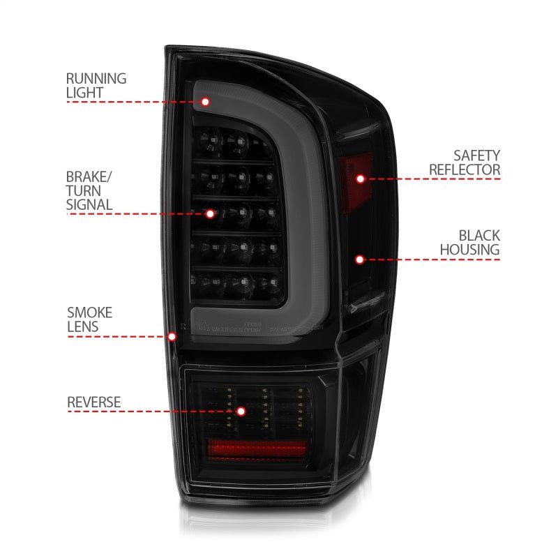 ANZO LED Tail Lights w/ Light Bar Sequential Black Housing & Smoke Lens Toyota Tacoma 2016 - 2020 | 311401 - JDMuscleTail Lightsanz311401