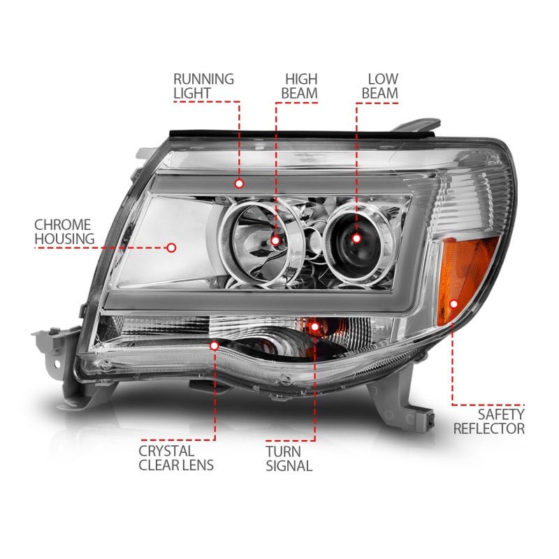 ANZO Projector Headlights w/ Light Bar Chrome Housing Toyota Tacoma 2005 - 2011 | 111518 - JDMuscleHeadlightsanz111518