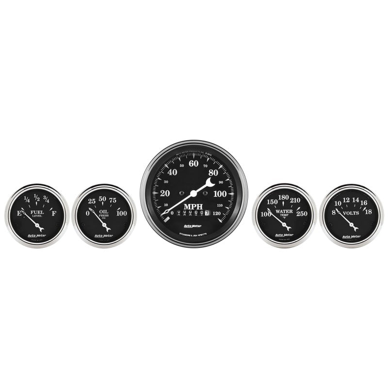 Auto Meter 5 pc. Gauge Kit 3 3/8in & 2 1/16in Electric Speedometer Old Tyme Black Universal | 1740 - JDMuscleMulti Gaugesatm1740