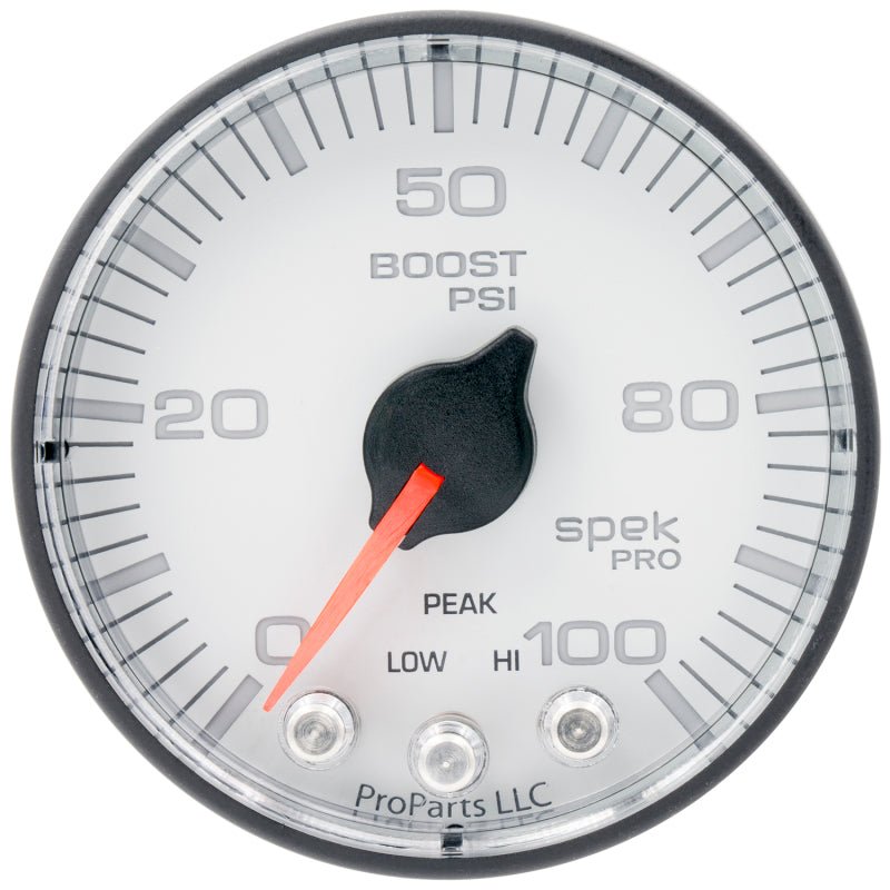 Autometer Spek - Pro 2 1/16in 100PSI Stepper Motor W/Peak & Warn White/Black Boost Gauge Universal | P305128 - JDMuscleBoost GaugesatmP305128