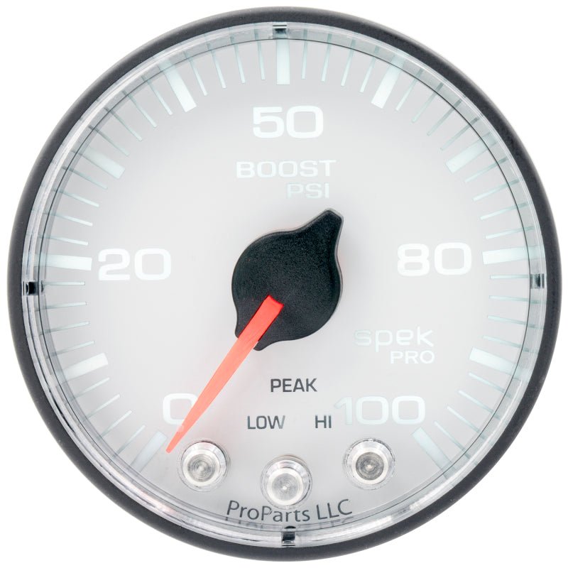 Autometer Spek - Pro 2 1/16in 100PSI Stepper Motor W/Peak & Warn White/Black Boost Gauge Universal | P305128 - JDMuscleBoost GaugesatmP305128