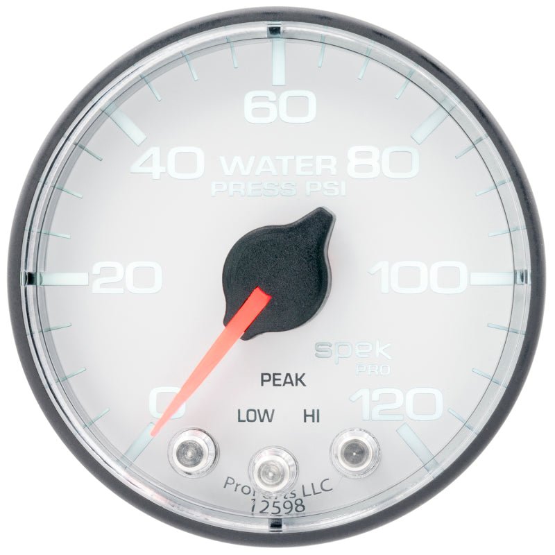 Autometer Spek - Pro 2 1/16in 120PSI Stepper Motor W/Peak & Warn White/Black Water Pressure Gauge Universal | P345128 - JDMuscleBoost GaugesatmP345128