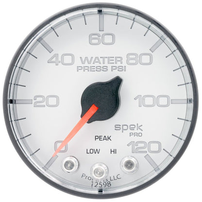 Autometer Spek - Pro 2 1/16in 120PSI Stepper Motor W/Peak & Warn White/Black Water Pressure Gauge Universal | P345128 - JDMuscleBoost GaugesatmP345128