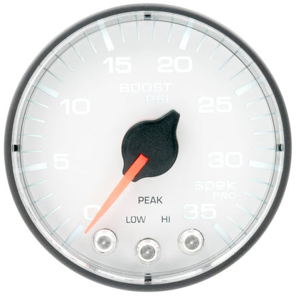 Autometer Spek - Pro 2 1/16in 35PSI Stepper Motor W/Peak & Warn White/Black Boost Gauge Universal | P303128 - JDMuscleBoost GaugesatmP303128