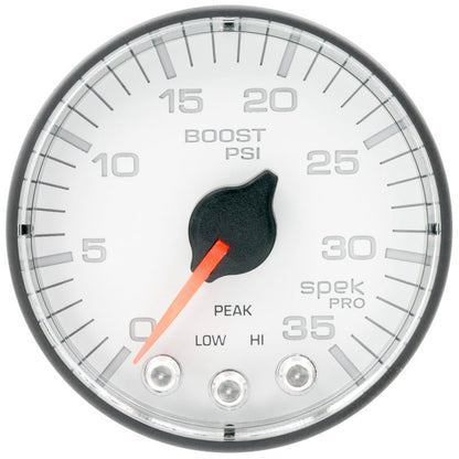 Autometer Spek - Pro 2 1/16in 35PSI Stepper Motor W/Peak & Warn White/Black Boost Gauge Universal | P303128 - JDMuscleBoost GaugesatmP303128