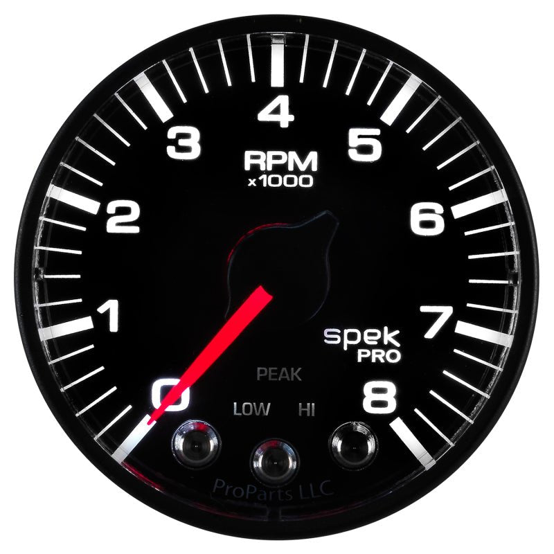 Autometer Spek - Pro Black 2 1/16 inch 8K RPM Tachometer w/ Shift Light and Peak Memory Universal | P334328 - JDMuscleTachometersatmP334328