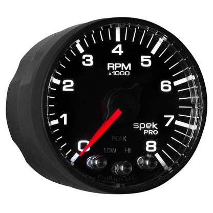 Autometer Spek - Pro Black 2 1/16 inch 8K RPM Tachometer w/ Shift Light and Peak Memory Universal | P334328 - JDMuscleTachometersatmP334328