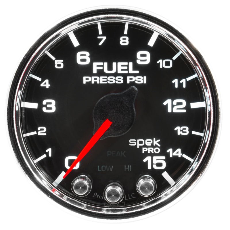 Autometer Spek - Pro Fuel Pressure Gauge 2 1/16in 15psi Stepper Motor W/Peak & Warn Black / Chrome Universal | P31531 - JDMuscleFuel Pressure Regulator GaugesatmP31531