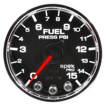 Autometer Spek - Pro Fuel Pressure Gauge 2 1/16in 15psi Stepper Motor W/Peak & Warn Black / Chrome Universal | P31531 - JDMuscleFuel Pressure Regulator GaugesatmP31531