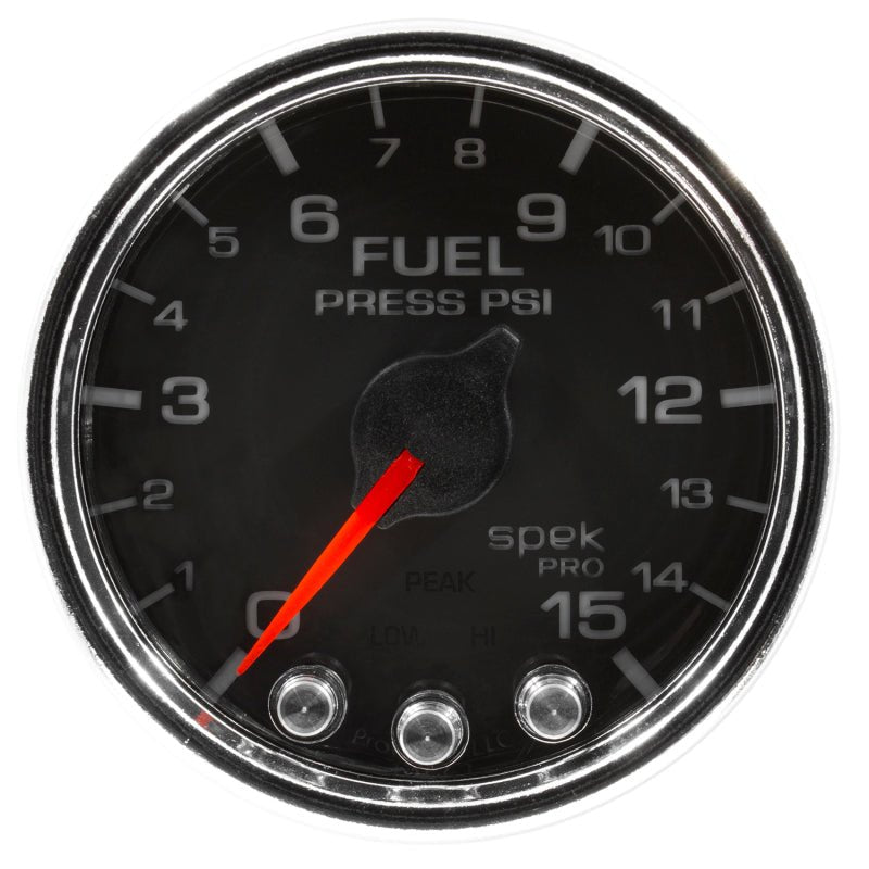Autometer Spek - Pro Fuel Pressure Gauge 2 1/16in 15psi Stepper Motor W/Peak & Warn Black / Chrome Universal | P31531 - JDMuscleFuel Pressure Regulator GaugesatmP31531