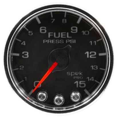 Autometer Spek - Pro Fuel Pressure Gauge 2 1/16in 15psi Stepper Motor W/Peak & Warn Black / Chrome Universal | P31531 - JDMuscleFuel Pressure Regulator GaugesatmP31531
