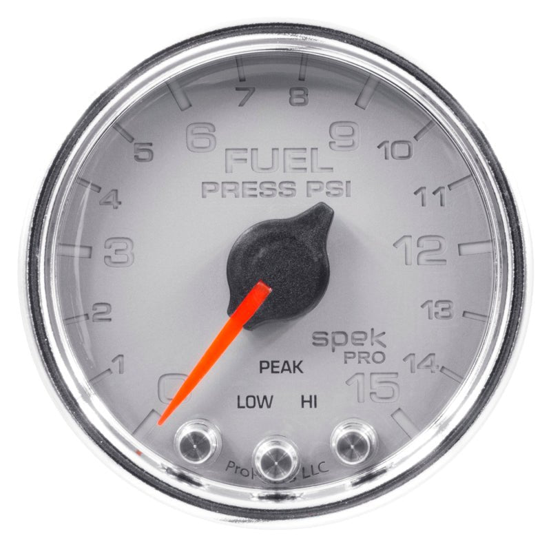 Autometer Spek - Pro Fuel Pressure Gauge 2 1/16in 15psi Stepper Motor W/Peak & Warn Silver / Chrome Universal | P31521 - JDMuscleFuel Pressure Regulator GaugesatmP31521
