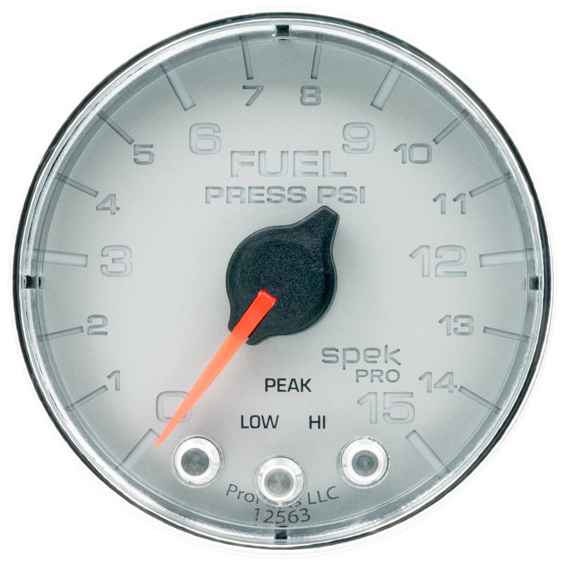 Autometer Spek - Pro Fuel Pressure Gauge 2 1/16in 15psi Stepper Motor W/Peak & Warn Silver / Chrome Universal | P315218 - JDMuscleFuel Pressure Regulator GaugesatmP315218