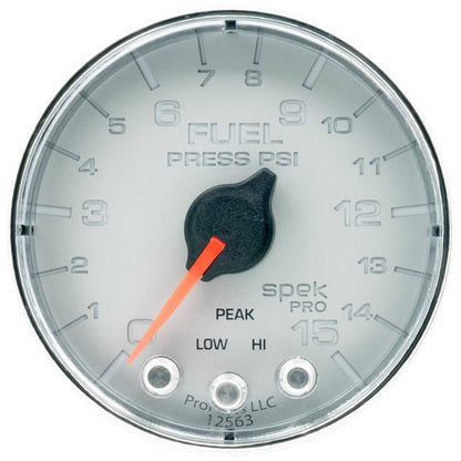 Autometer Spek - Pro Fuel Pressure Gauge 2 1/16in 15psi Stepper Motor W/Peak & Warn Silver / Chrome Universal | P315218 - JDMuscleFuel Pressure Regulator GaugesatmP315218