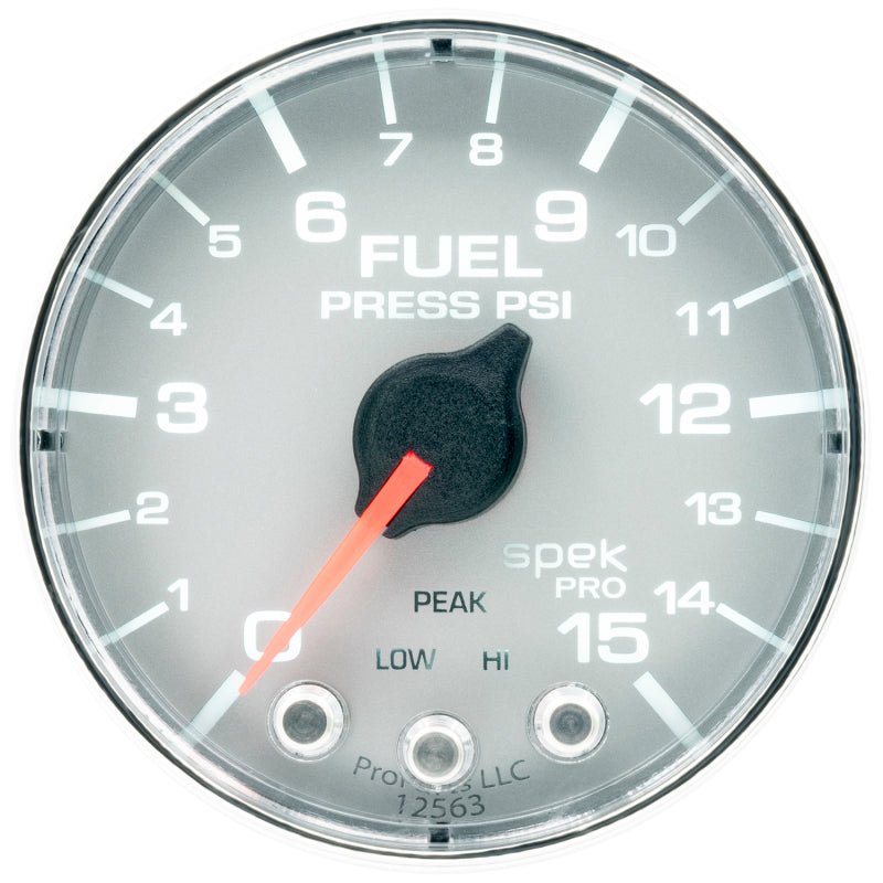 Autometer Spek - Pro Fuel Pressure Gauge 2 1/16in 15psi Stepper Motor W/Peak & Warn Silver / Chrome Universal | P315218 - JDMuscleFuel Pressure Regulator GaugesatmP315218