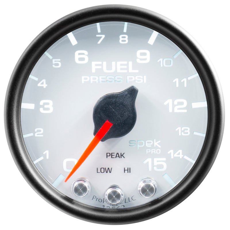 Autometer Spek - Pro Fuel Pressure Gauge 2 1/16in 15psi Stepper Motor W/Peak & Warn White / Black Universal | P31512 - JDMuscleFuel Pressure Regulator GaugesatmP31512