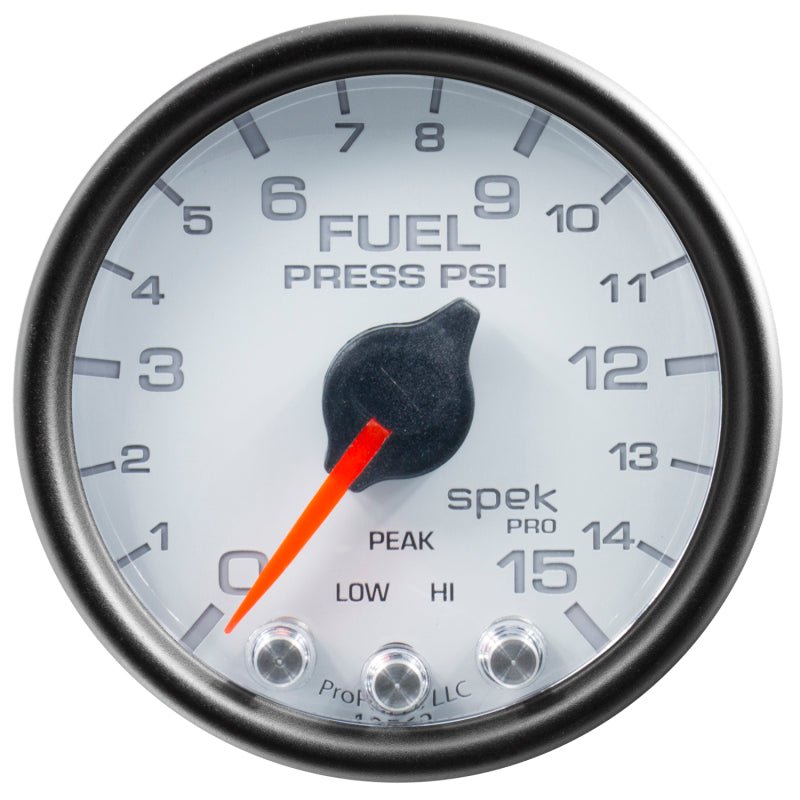Autometer Spek - Pro Fuel Pressure Gauge 2 1/16in 15psi Stepper Motor W/Peak & Warn White / Black Universal | P31512 - JDMuscleFuel Pressure Regulator GaugesatmP31512