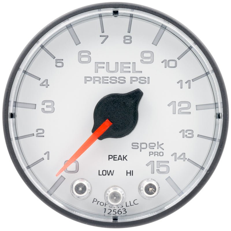 Autometer Spek - Pro Fuel Pressure Gauge 2 1/16in 15psi Stepper Motor W/Peak & Warn White / Black Universal | P315128 - JDMuscleFuel Pressure Regulator GaugesatmP315128