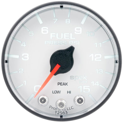 Autometer Spek - Pro Fuel Pressure Gauge 2 1/16in 15psi Stepper Motor W/Peak & Warn White / Black Universal | P315128 - JDMuscleFuel Pressure Regulator GaugesatmP315128