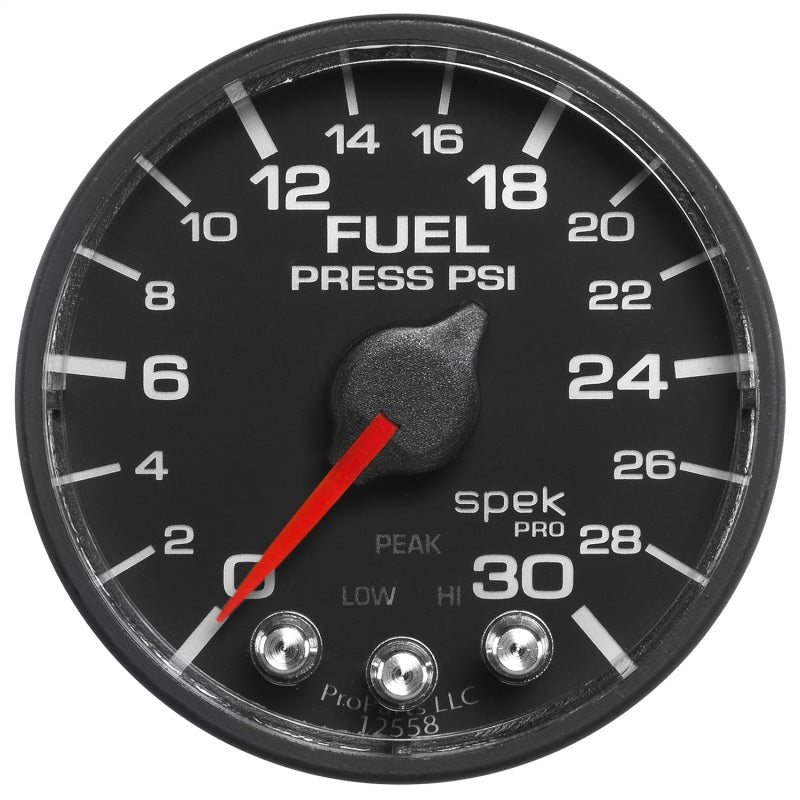 Autometer Spek - Pro Fuel Pressure Gauge 2 1/16in 30psi Stepper Motor W/Peak & Warn Black / Black Universal | P316328 - JDMuscleFuel Pressure Regulator GaugesatmP316328