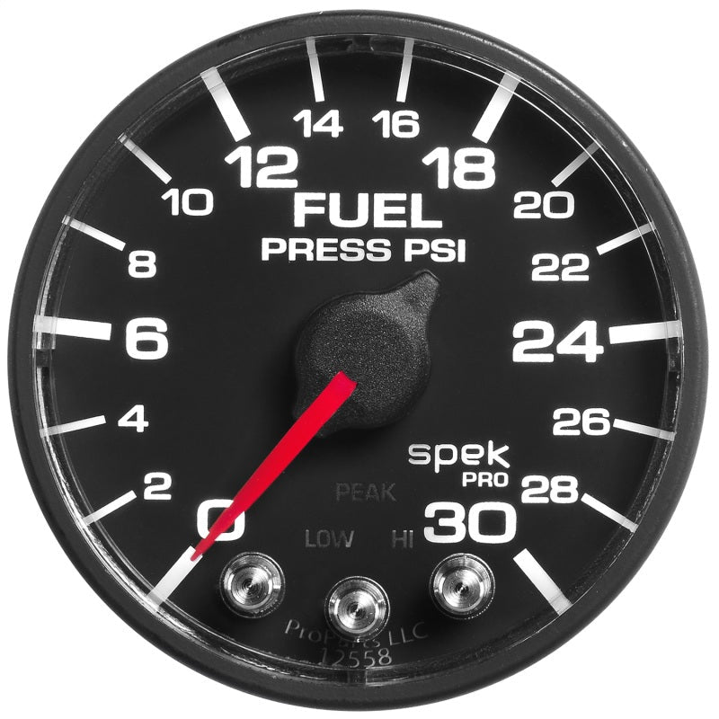 Autometer Spek - Pro Fuel Pressure Gauge 2 1/16in 30psi Stepper Motor W/Peak & Warn Black / Black Universal | P316328 - JDMuscleFuel Pressure Regulator GaugesatmP316328