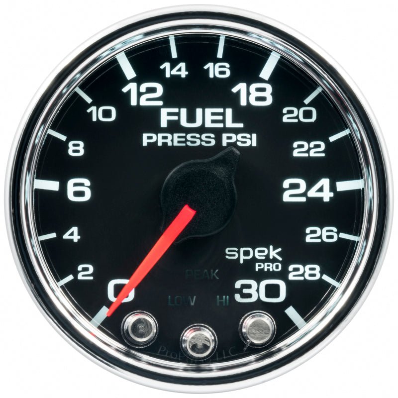 Autometer Spek - Pro Fuel Pressure Gauge 2 1/16in 30psi Stepper Motor W/Peak & Warn Black / Chrome Universal | P31631 - JDMuscleFuel Pressure Regulator GaugesatmP31631