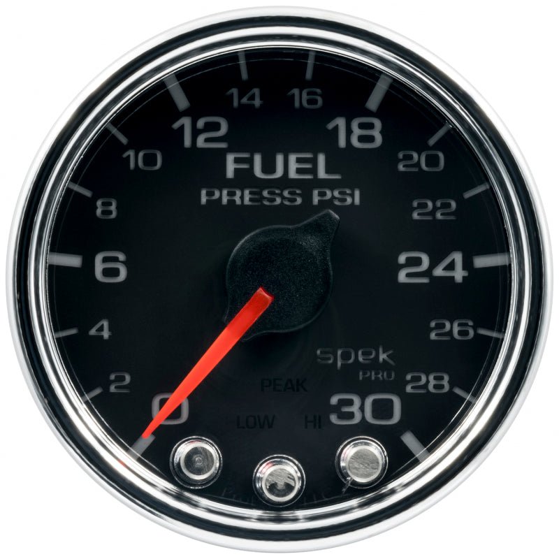Autometer Spek - Pro Fuel Pressure Gauge 2 1/16in 30psi Stepper Motor W/Peak & Warn Black / Chrome Universal | P316318 - JDMuscleFuel Pressure Regulator GaugesatmP316318