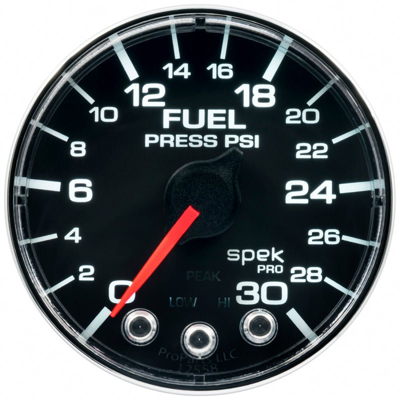Autometer Spek - Pro Fuel Pressure Gauge 2 1/16in 30psi Stepper Motor W/Peak & Warn Black / Chrome Universal | P316318 - JDMuscleFuel Pressure Regulator GaugesatmP316318
