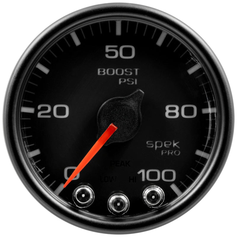Autometer Spek - Pro Gauge Boost 2 1/16in 100psi Stepper Motor W/Peak & Warn Black / Black Universal | P30532 - JDMuscleBoost GaugesatmP30532