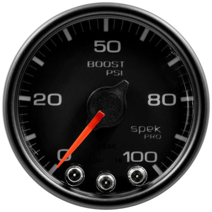 Autometer Spek - Pro Gauge Boost 2 1/16in 100psi Stepper Motor W/Peak & Warn Black / Black Universal | P30532 - JDMuscleBoost GaugesatmP30532