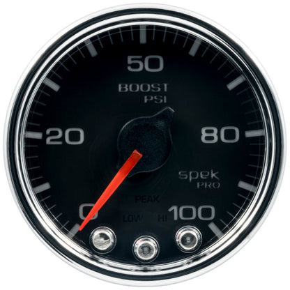 Autometer Spek - Pro Gauge Boost 2 1/16in 100psi Stepper Motor W/Peak & Warn Black / Chrm Universal | P30531 - JDMuscleBoost GaugesatmP30531
