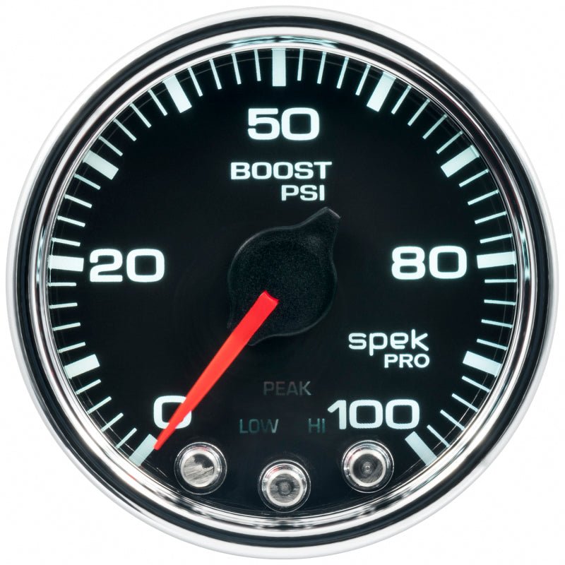 Autometer Spek - Pro Gauge Boost 2 1/16in 100psi Stepper Motor W/Peak & Warn Black / Chrm Universal | P30531 - JDMuscleBoost GaugesatmP30531