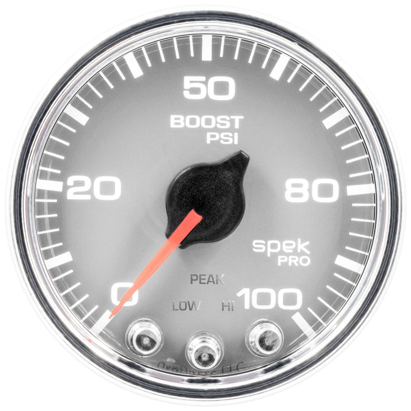 Autometer Spek - Pro Gauge Boost 2 1/16in 100psi Stepper Motor W/Peak & Warn Silver / Chrm Universal | P30521 - JDMuscleBoost GaugesatmP30521