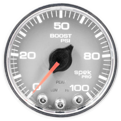 Autometer Spek - Pro Gauge Boost 2 1/16in 100psi Stepper Motor W/Peak & Warn Silver / Chrm Universal | P30521 - JDMuscleBoost GaugesatmP30521