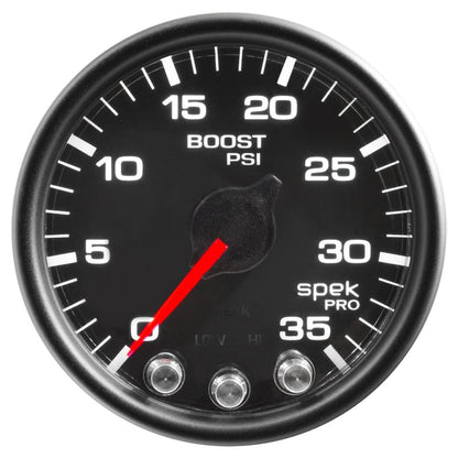 Autometer Spek - Pro Gauge Boost 2 1/16in 35psi Stepper Motor W/Peak & Warn Black / Black Universal | P30332 - JDMuscleBoost GaugesatmP30332