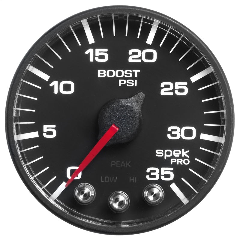 Autometer Spek - Pro Gauge Boost 2 1/16in 35psi Stepper Motor W/Peak & Warn Black / Black Universal | P303328 - JDMuscleBoost GaugesatmP303328
