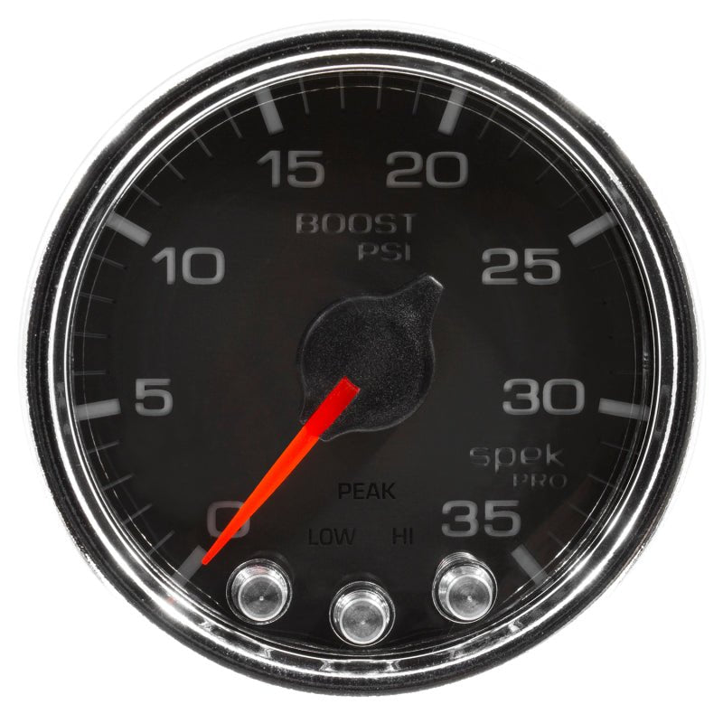 Autometer Spek - Pro Gauge Boost 2 1/16in 35psi Stepper Motor W/Peak & Warn Black / Chrome Universal | P30331 - JDMuscleBoost GaugesatmP30331