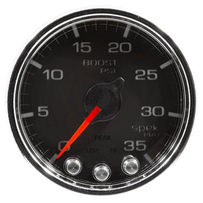 Autometer Spek - Pro Gauge Boost 2 1/16in 35psi Stepper Motor W/Peak & Warn Black / Chrome Universal | P30331 - JDMuscleBoost GaugesatmP30331