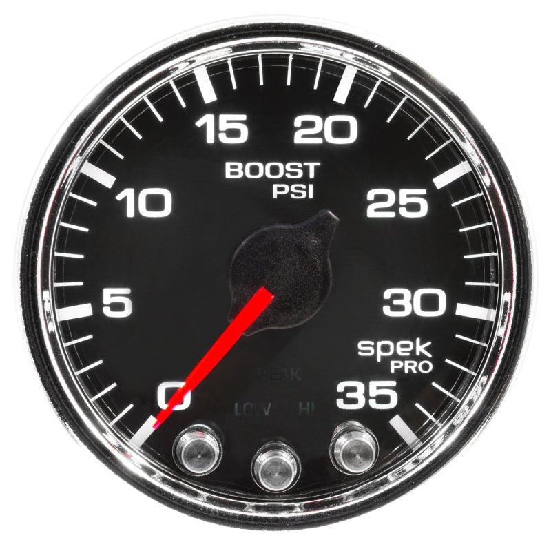 Autometer Spek - Pro Gauge Boost 2 1/16in 35psi Stepper Motor W/Peak & Warn Black / Chrome Universal | P30331 - JDMuscleBoost GaugesatmP30331