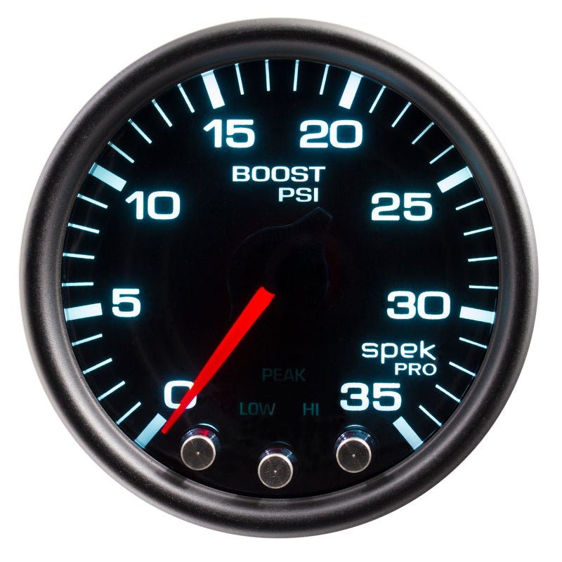 Autometer Spek - Pro Gauge Boost 2 1/16in 35psi Stepper Motor W/Peak & Warn Blacksmoke / Black Universal | P30352 - JDMuscleBoost GaugesatmP30352