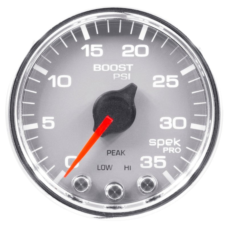 Autometer Spek - Pro Gauge Boost 2 1/16in 35psi Stepper Motor W/Peak & Warn Silver / Chrome Universal | P30321 - JDMuscleBoost GaugesatmP30321