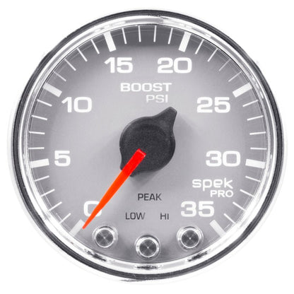 Autometer Spek - Pro Gauge Boost 2 1/16in 35psi Stepper Motor W/Peak & Warn Silver / Chrome Universal | P30321 - JDMuscleBoost GaugesatmP30321