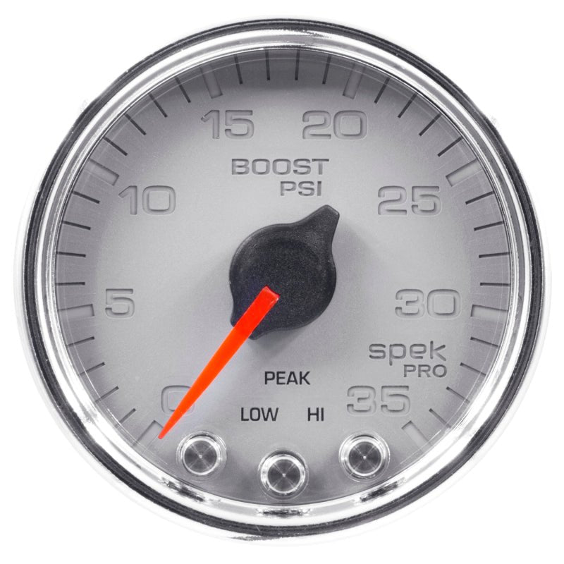 Autometer Spek - Pro Gauge Boost 2 1/16in 35psi Stepper Motor W/Peak & Warn Silver / Chrome Universal | P30321 - JDMuscleBoost GaugesatmP30321