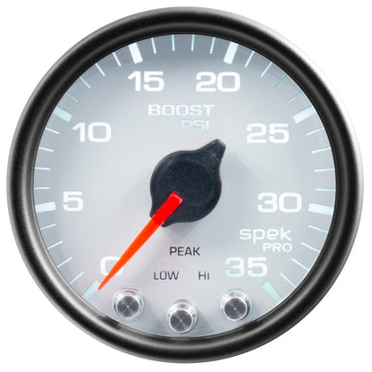 Autometer Spek - Pro Gauge Boost 2 1/16in 35psi Stepper Motor W/Peak & Warn White / Black Universal | P30312 - JDMuscleBoost GaugesatmP30312