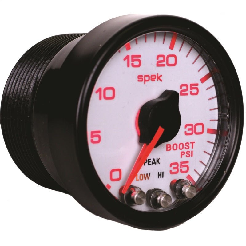 Autometer Spek - Pro Gauge Boost 2 1/16in 35psi Stepper Motor W/Peak & Warn White / Black Universal | P30312 - JDMuscleBoost GaugesatmP30312