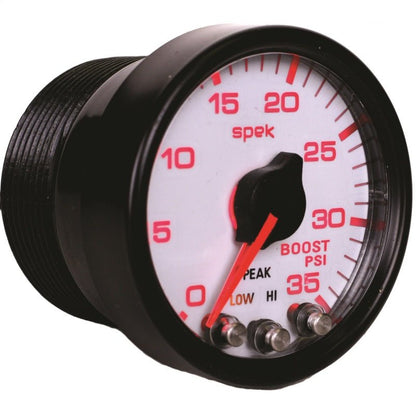 Autometer Spek - Pro Gauge Boost 2 1/16in 35psi Stepper Motor W/Peak & Warn White / Black Universal | P30312 - JDMuscleBoost GaugesatmP30312