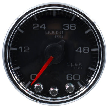 Autometer Spek - Pro Gauge Boost 2 1/16in 60psi Stepper Motor W/Peak & Warn Black / Chrm Universal | P30431 - JDMuscleBoost GaugesatmP30431