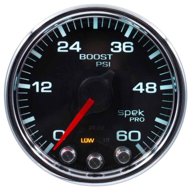 Autometer Spek - Pro Gauge Boost 2 1/16in 60psi Stepper Motor W/Peak & Warn Black / Chrm Universal | P30431 - JDMuscleBoost GaugesatmP30431