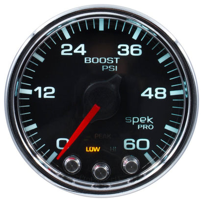 Autometer Spek - Pro Gauge Boost 2 1/16in 60psi Stepper Motor W/Peak & Warn Black / Chrm Universal | P30431 - JDMuscleBoost GaugesatmP30431